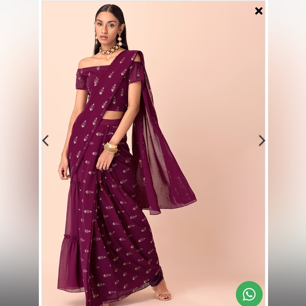 Off-Shoulder Plum Maxi Saree Dress with Silver Motif